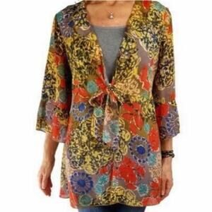 Cabi Sheer Blouse Topper Size S Ruffle Tie Front Floral Shakespeare Kimono Sheer